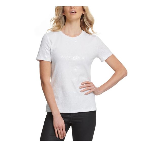 DKNY Womens White Sequined Heather Short Sleeve Jewel Neck T-Shirt L